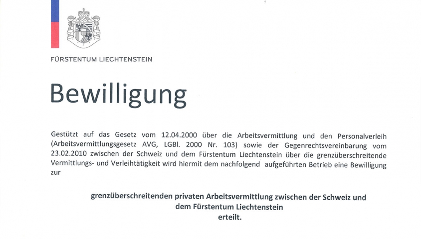 Arbeitsvermittlungsbewilligung Lichtenstein